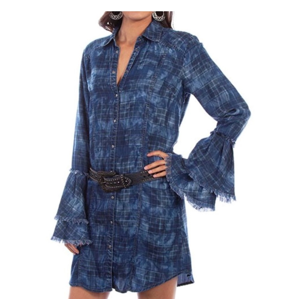 Rodeo Ready! Ryan Michael Women's Indigo Plaid Tiered Sleeve Dress in Size XL. - Picture 2 of 12